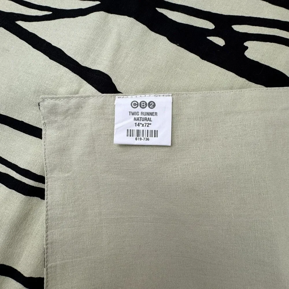 CB2 Twig Table Runner Natural Cotton Tan Black Modern Print 14 x 72